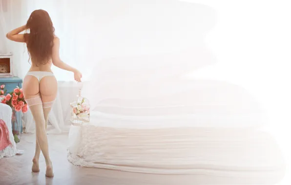 Ass, girl, flowers, panties, bed, stockings, the beauty, long legs