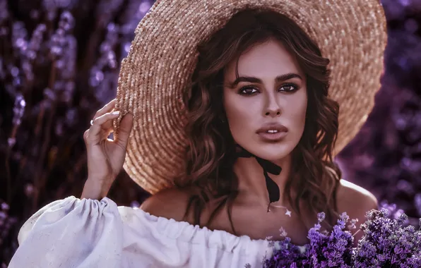 Girl, flowers, hat, hands, makeup, brown hair, shoulders, curls