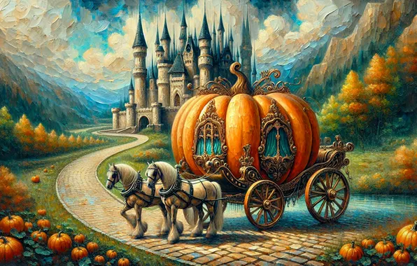 Autumn, forest, clouds, mountains, castle, glade, horses, beauty