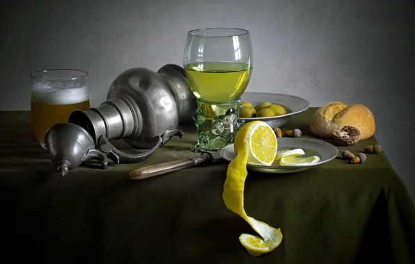 The dark background, table, lemon, glass, pitcher, still life, items, composition
