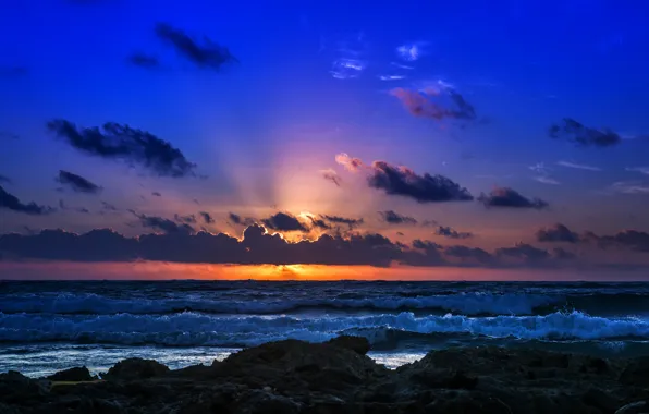Sea, wave, the sky, clouds, sunset, rocks, shore, horizon