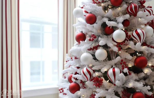 Frost, balls, strips, window, Christmas, red, New year, white