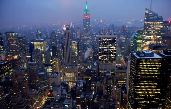 The sky, clouds, night, the city, lights, the ocean, USA, America