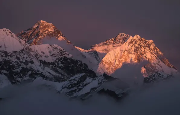 Picture winter, the sky, snow, sunset, mountains, nature, fog, rocks