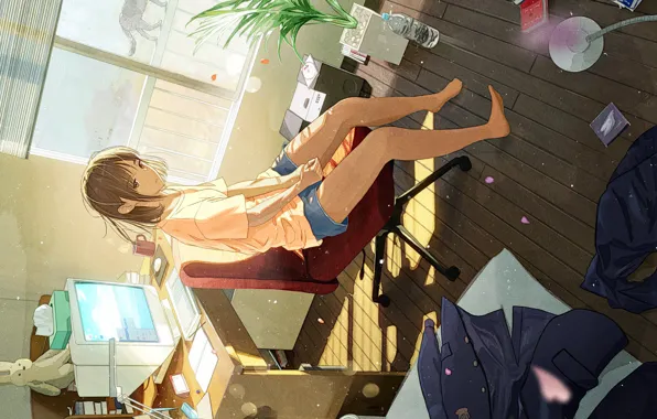 Computer, schoolgirl, rays of light, mess, in the room, window, Desk, sitting in the chair