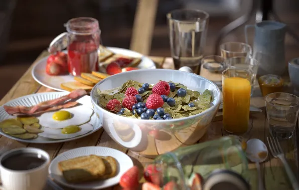 Raspberry, table, food, dishes, TIME FOR BREAKFAST