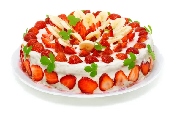 Picture strawberry, cream, glaze, Cake, banana slices