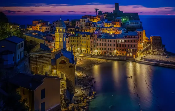 Building, home, Bay, Italy, night city, Italy, The Ligurian sea, harbour