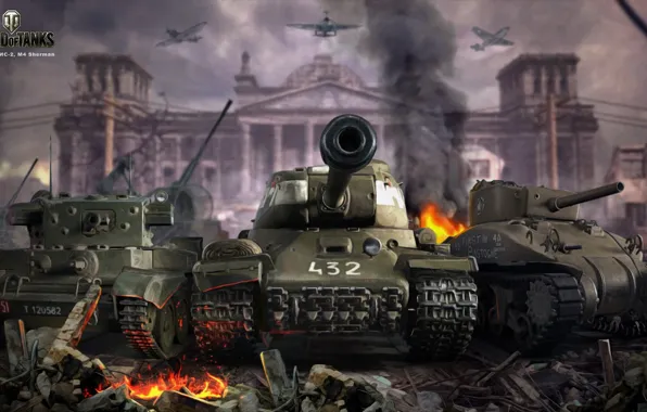 Picture fire, victory, smoke, figure, art, aircraft, ruins, tanks