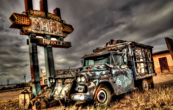 Picture car, HDR, background, New Mexico, Tucumcari, Abandoned Chevy