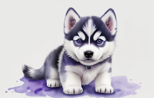 Figure, dog, fluffy, watercolor, cute, puppy, puppy, husky