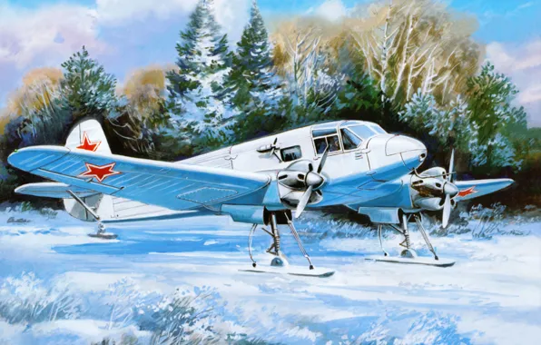 Picture winter, field, snow, art, the plane, the airfield, Soviet, transport