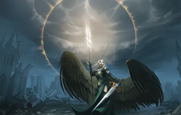 Girl, wings, angel, sword, art, avacyn