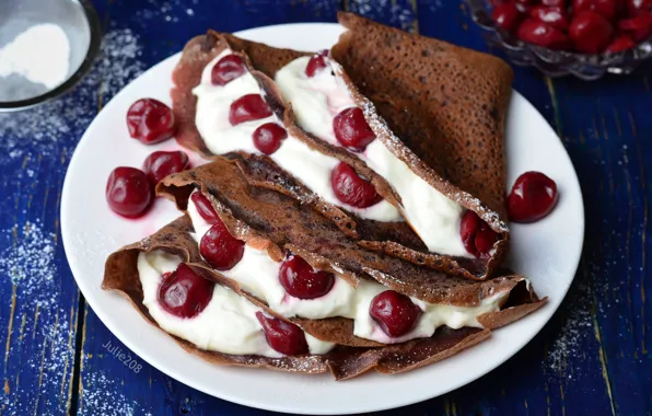 Picture cherry, pancakes, cream, chocolate, envelopes