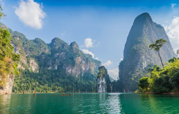 Picture green, Thailand, lake, hills, drowned trees, rcks, Cheow Larn Lake