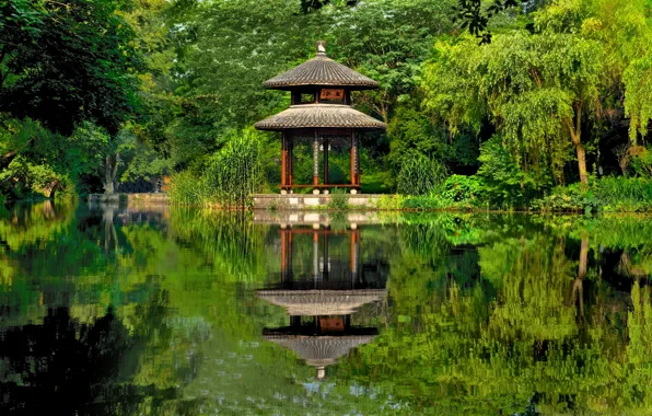 Picture lake, pond, Park, reflection, China, China, gazebo