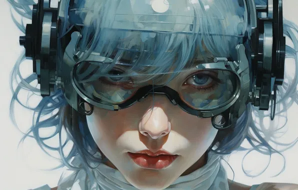 Look, girl, light, portrait, headphones, glasses, white background, painting