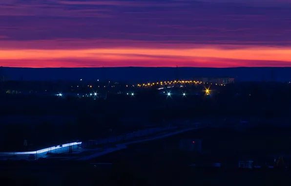 Road, the sky, clouds, trees, building, home, the evening, lights