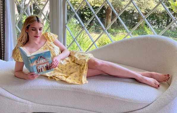 Sofa, barefoot, dress, actress, book, legs, beautiful, reads