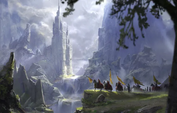 Picture trees, landscape, waterfall, art, flags, fantasy, fantasy, knights
