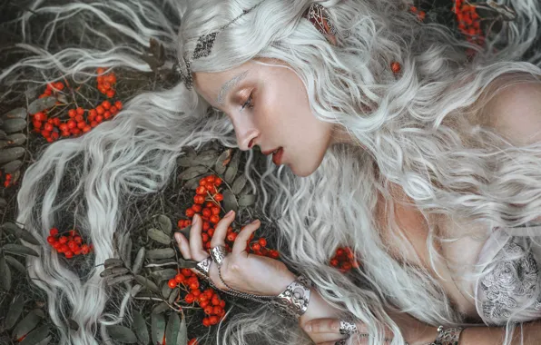 Girl, decoration, face, style, berries, mood, makeup, long hair