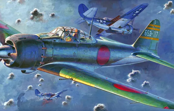 Picture war, art, painting, aviation, ww2, Mitsubishi A6M5 Zero Fighter, japanese navy