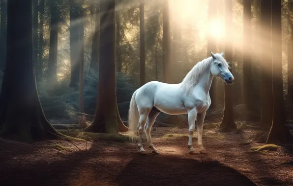 Picture forest, white, light, nature, pose, horse, horse, AI art