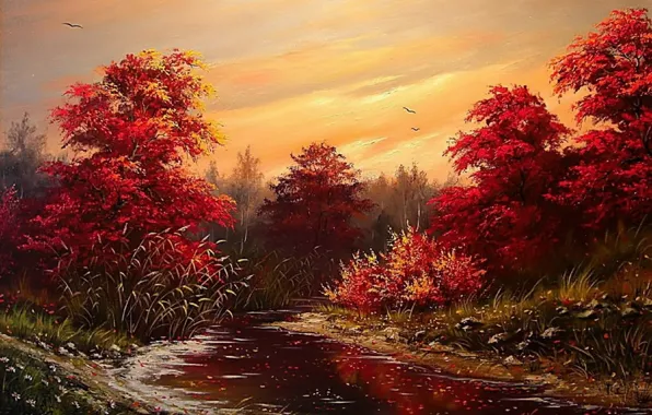 Picture autumn, the sky, water, trees, landscape, birds, Wallpaper, paint