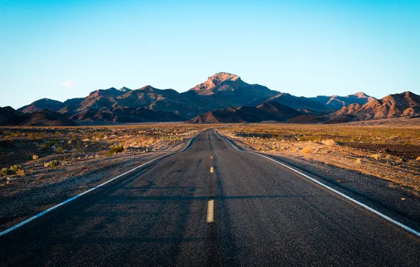 Road, landscape, sunset, mountains, Death Valley