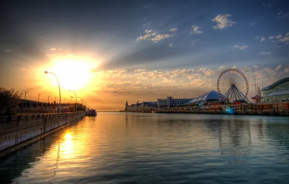 Sunset, HDR, wheel, channel, Ferris