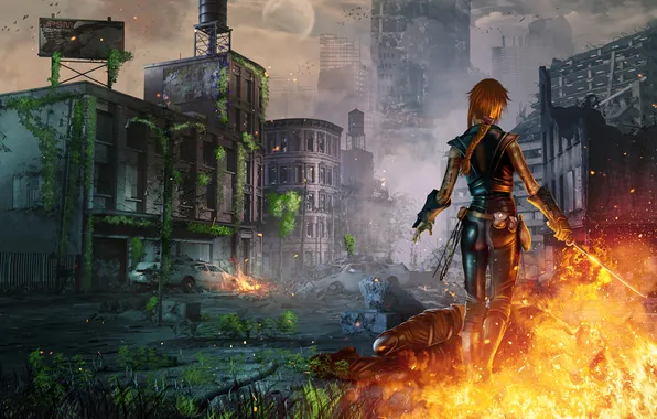 Picture girl, the city, fire, the moon, street, sword, art, the ruins