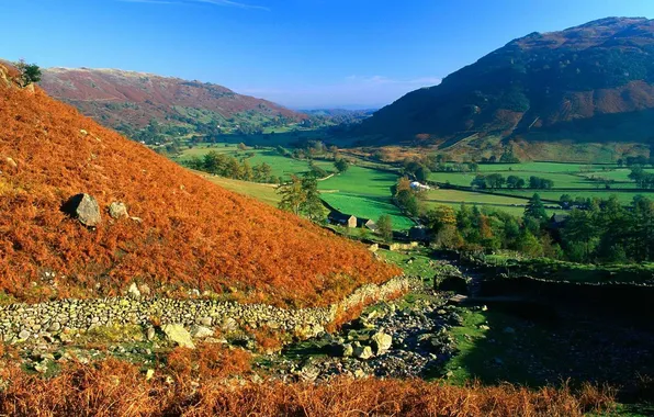 The sky, grass, trees, mountains, stones, home, valley