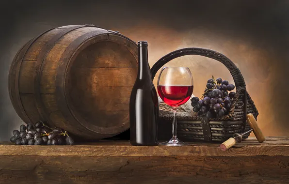 Wine, basket, bottle, grapes, barrel, corkscrew