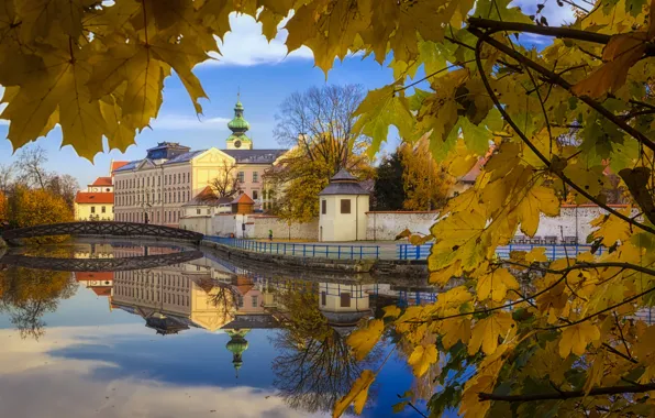 Picture autumn, reflection, the city, home, Czech Republic, foliage.the bridge