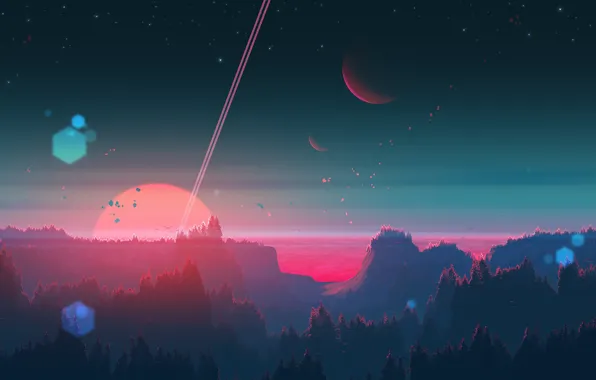 Sunset, The sun, Planet, Star, Planet, Fantasy, Landscape, Planets