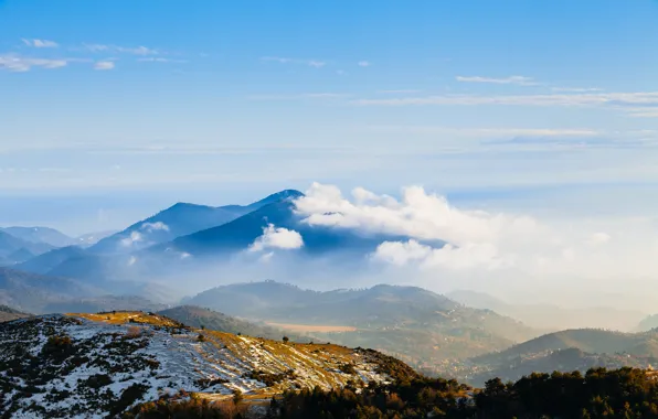 Picture winter, forest, snow, mountains, tops, morning