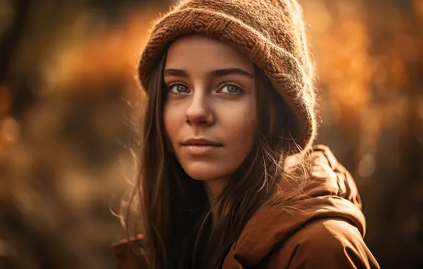 Autumn, look, girl, light, nature, face, hat, portrait