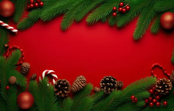 Balls, branches, Christmas, red, New year, needles, bumps, red background