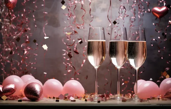 Balls, balloons, table, holiday, wine, Shine, heart, sequins