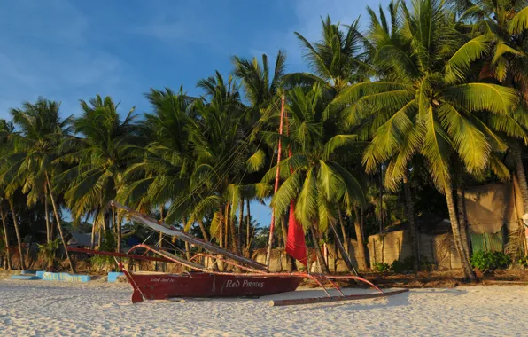 Picture sand, beach, palm trees, boat, Philippines, Island of Boracay