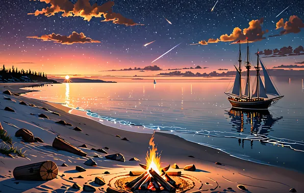 Sunset, ship, campfire, AI art, starscape