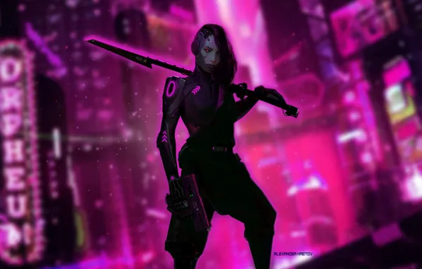 Girl, The city, Robot, City, Weapons, Fantasy, Art, Art