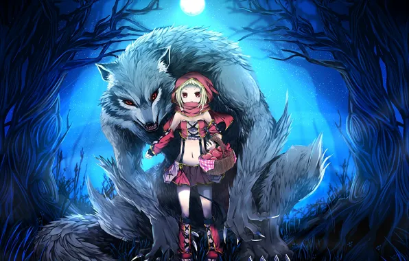 Forest, night, the moon, basket, wolf, little red riding hood, art, girl