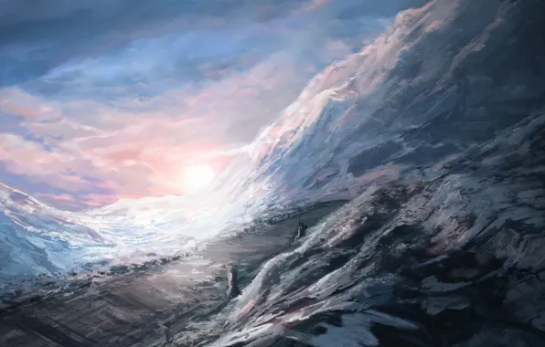 Winter, snow, mountains, art