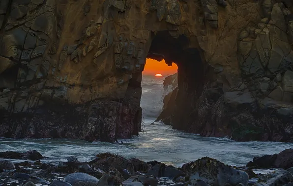Picture Pacific Ocean, Sunset, California, Big Sur, Natural Bridge, Pfeiffer State Beach