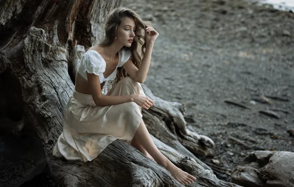 Girl, pose, tree, feet, shore, hands, dress, trunk
