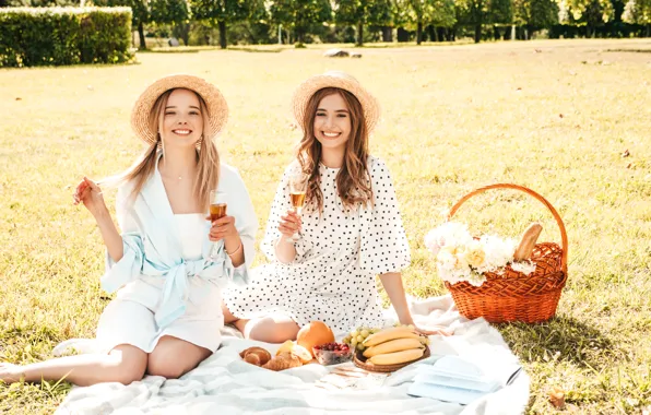 Summer, light, girls, stay, glade, fruit, picnic, basket