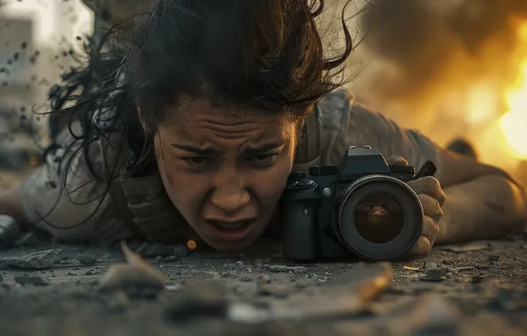 Girl, Fire, The camera, Digital art, Photographer, Devastation, Photographer, AI art