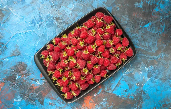 Berries, raspberry, tray, blue background, blue background