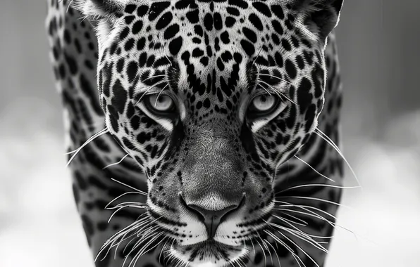 Look, Jaguar, Face, Predator, Front, Digital art, Black and white, Big cat